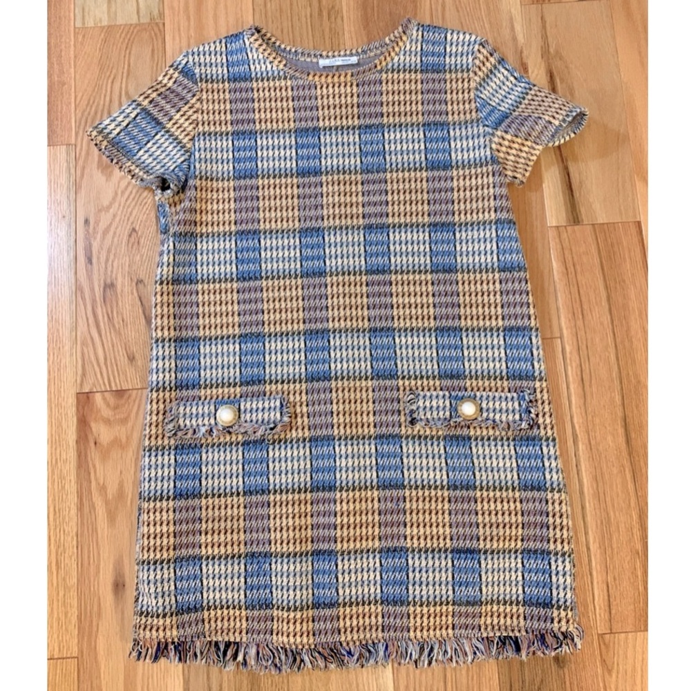 Zara Tweed Plaid dress with Fringe edges and pockets
